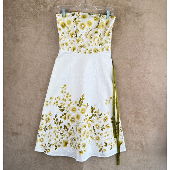 Moda International Dress Women 4 White Green Floral Empire Strapless Midi Spring - Picture 14 of 16